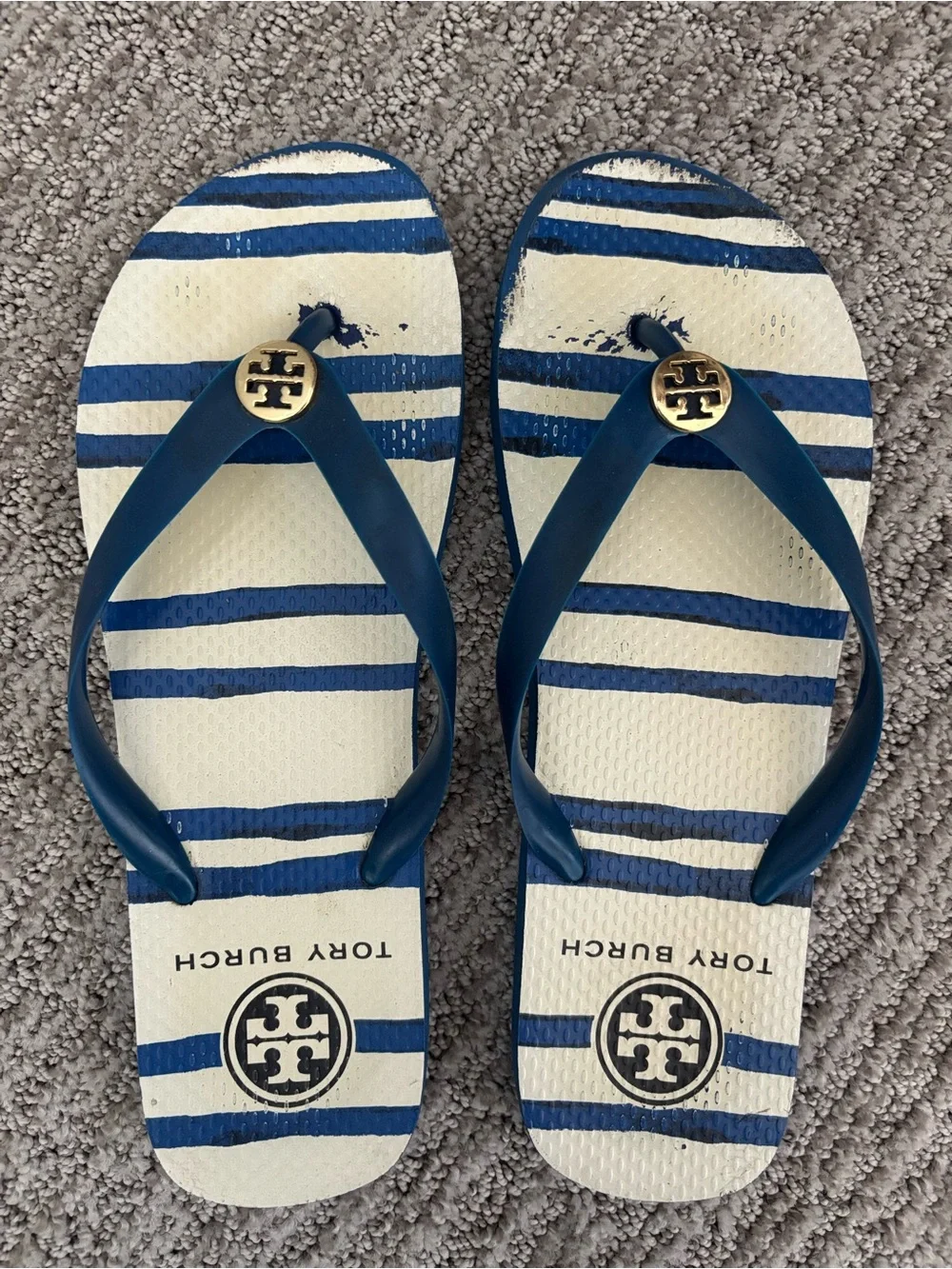 Tory Burch Blue Stripe Logo Medallion Rubber Flip Flops Sandals Women’s Size 8